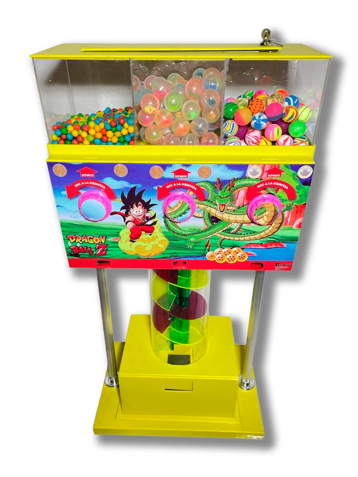 "Dispensadores de dulces mecánicos generando ganancias en una tienda de barrio".