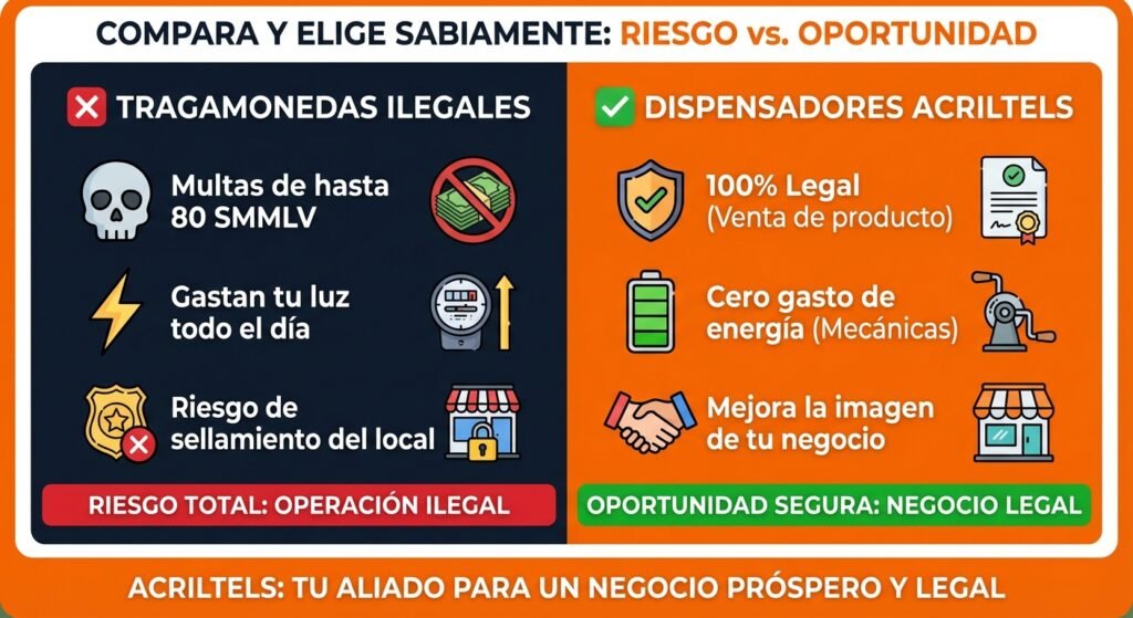 "Comparativa dispensadores de dulces legales vs tragamonedas ilegales".